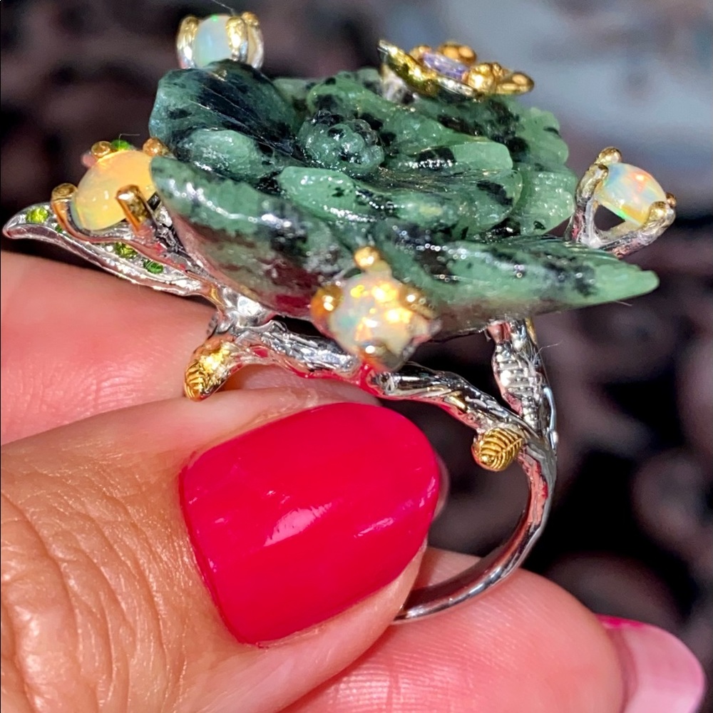 Luxurious Genuine Ruby Zoisite Ring With Gems - image 8